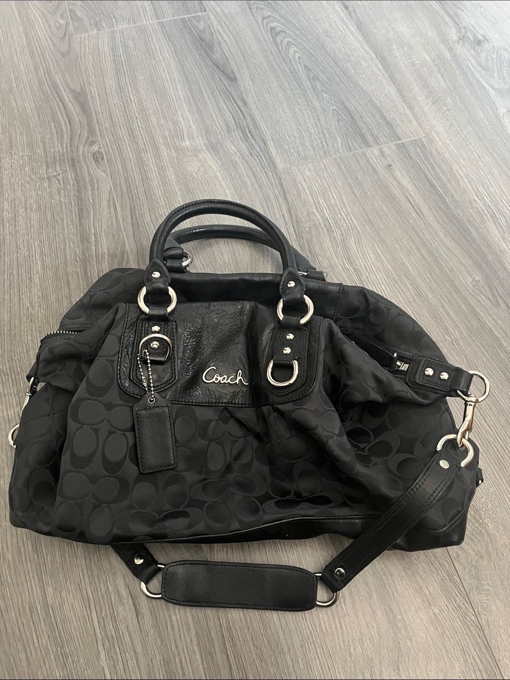 Coach Black Signature Jacquard Satchel with Patent Leather Trim